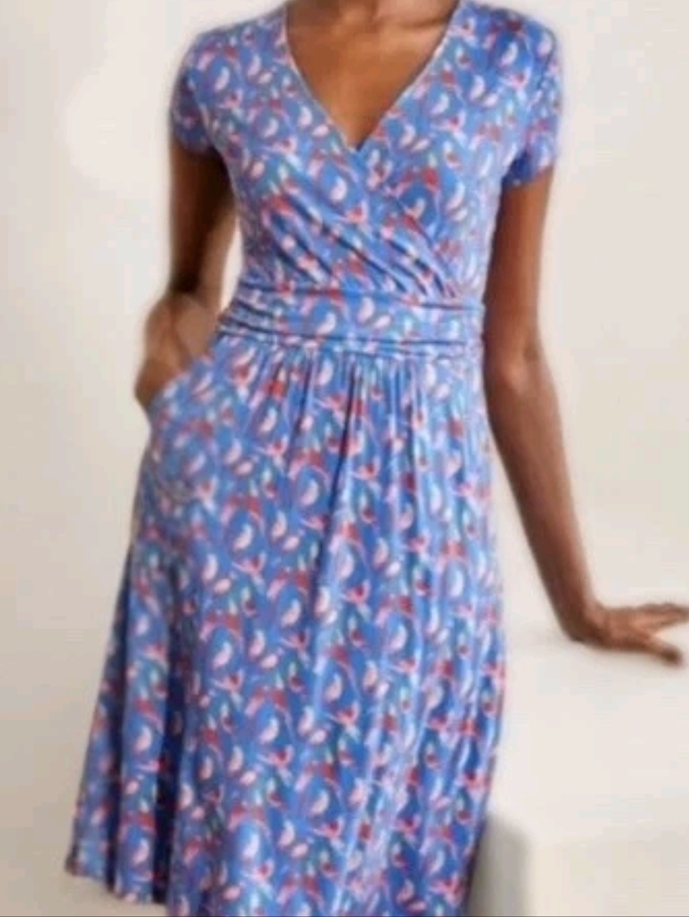 Boden Lola Jersey Bird Dress 8P Blue Floral Wrap-Style